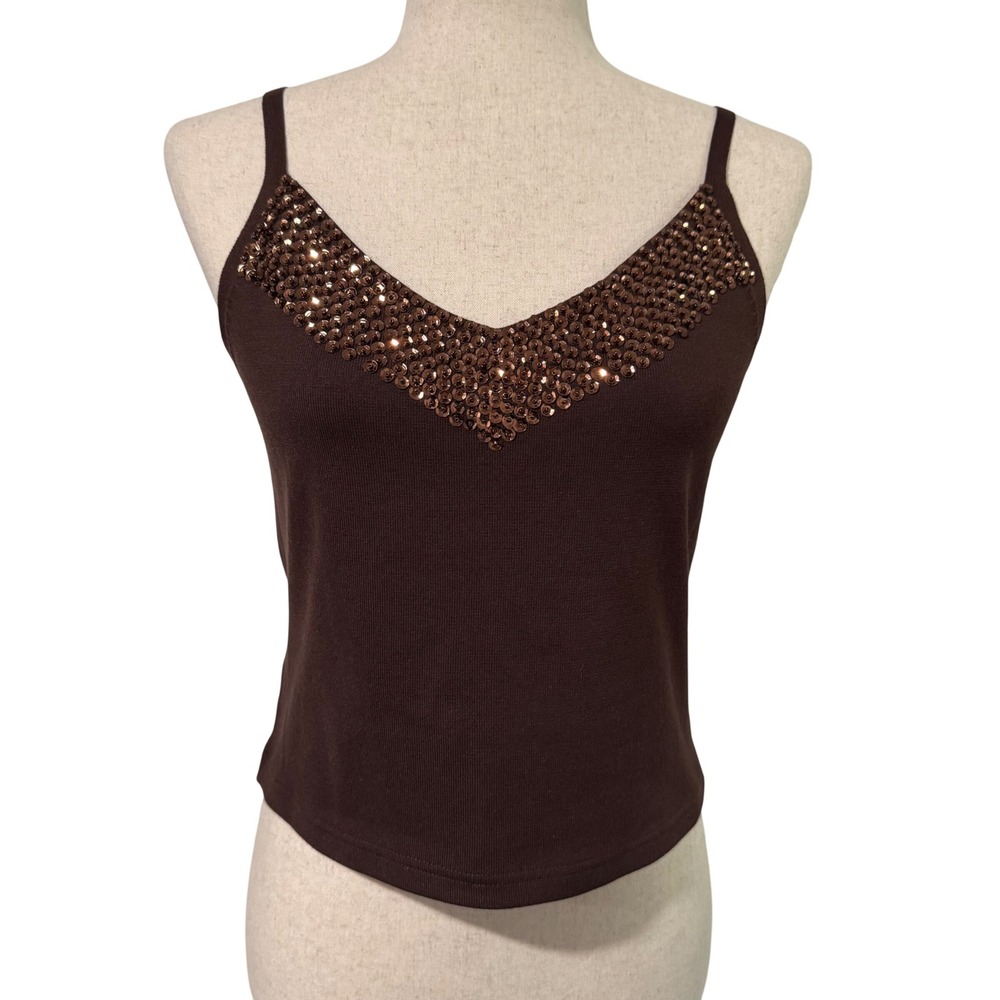 Cable & Gauge Brown Silk Blend Sequin V-Neck Camisole Tank Top Women's Medium